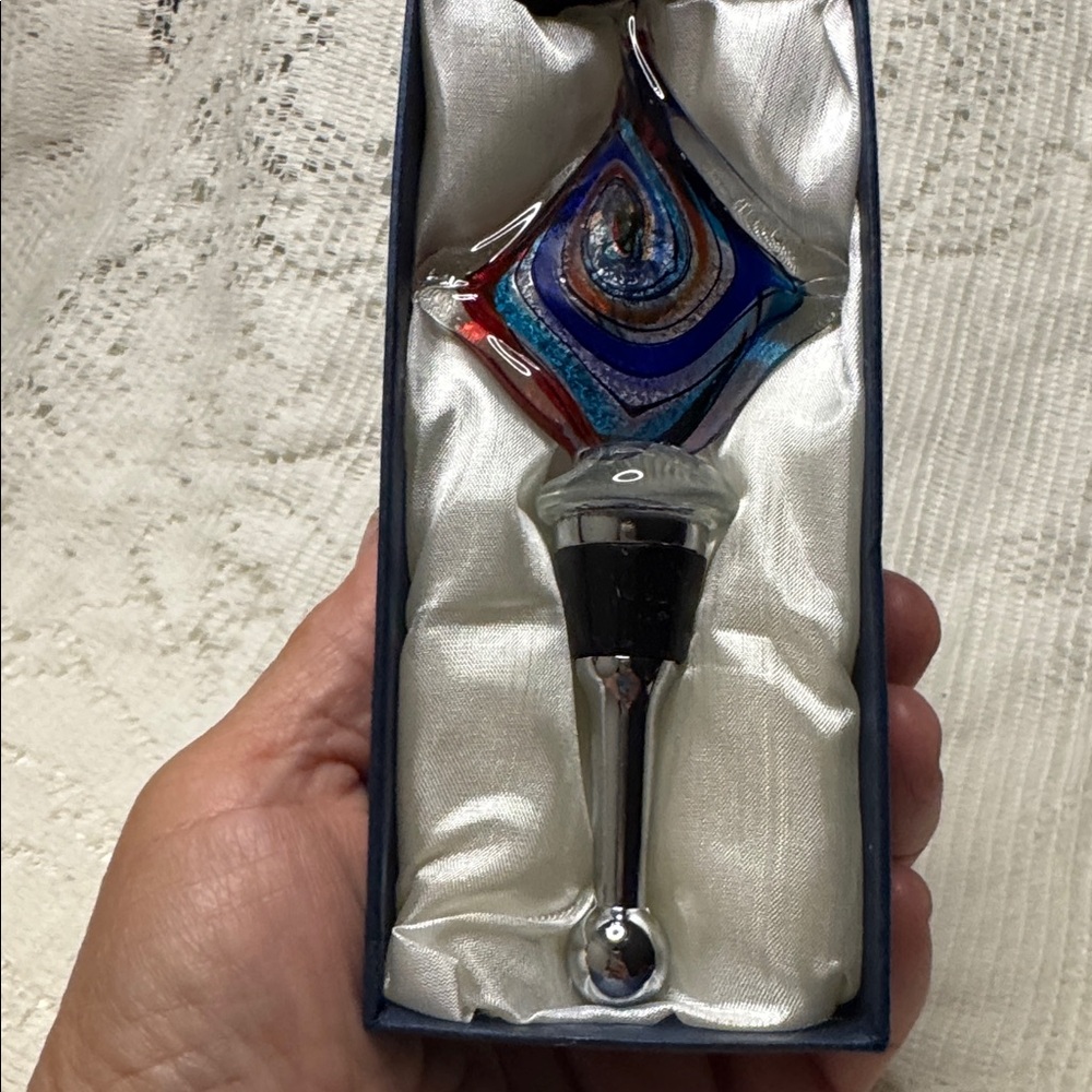 Murano glass wine bottle stopper Italy blue red swirled glass top lined gift box